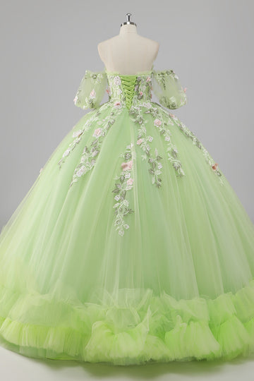 Princesse Robe de bal en tulle vert citron Robe longue Quinceanera avec appliques